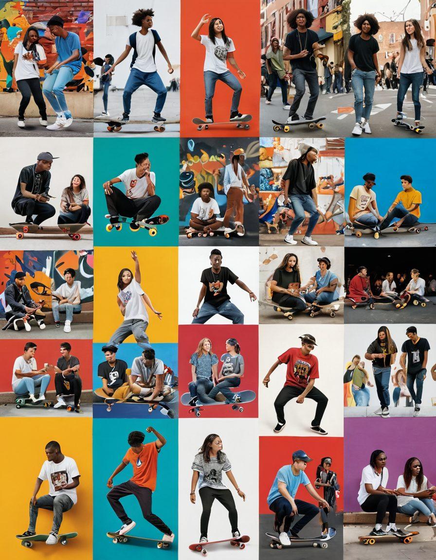 A dynamic collage showcasing diverse teenagers engaging in various lifestyle activities, such as skateboarding, studying, attending a concert, and socializing at a café. Vibrant street art in the background reflects youth culture, with elements like colorful fashion styles, digital devices, and musical instruments. The scene should convey energy and inclusivity, representing different cultures and interests. super-realistic. vibrant colors. white background.