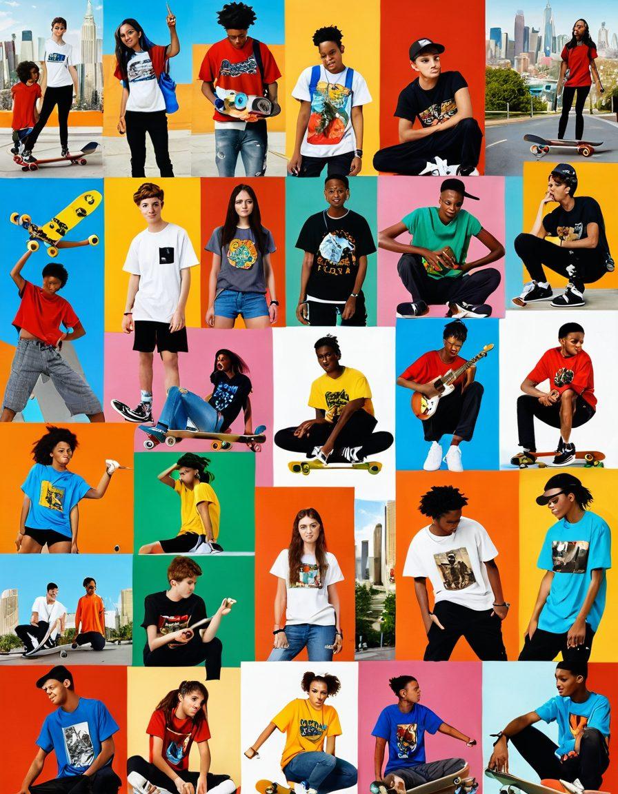 A vibrant collage featuring diverse teenagers engaged in various hobbies like painting, skateboarding, and playing music, set against a backdrop of a colorful cityscape representing challenges like school and peer pressure. Each teen wears unique clothing reflecting their personality and interests. Bright, contrasting colors symbolize the joy of hobbies amidst daily challenges. super-realistic. vibrant colors. white background.
