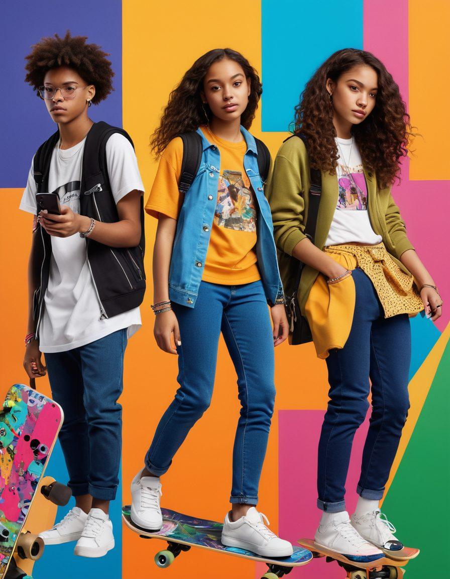 A dynamic collage capturing the essence of teenage culture with vibrant spots of fashion, technology, and social interactions. Include diverse teens engaging in activities like skateboarding, using smartphones, and enjoying music together, set against a colorful urban backdrop. Emphasize modern trends through stylish outfits and trendy accessories. super-realistic. vibrant colors. urban background.
